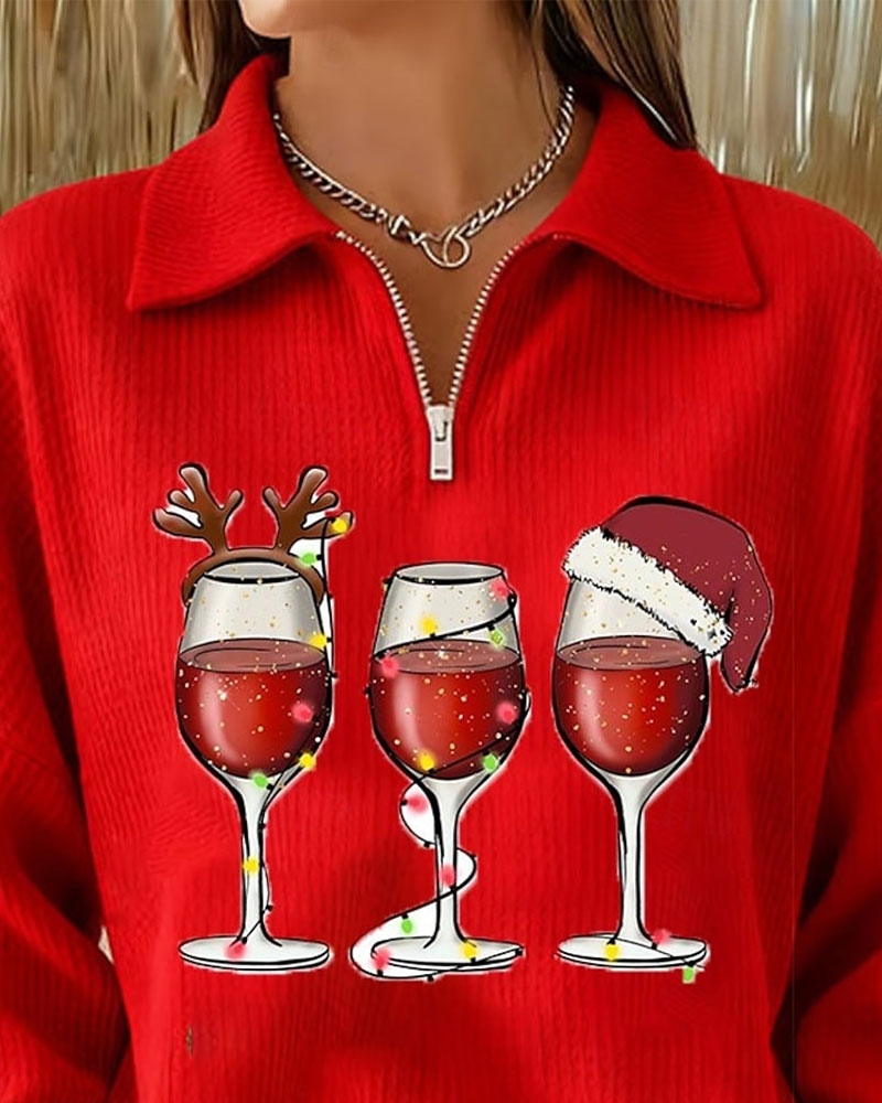 Lapel Zip Christmas Style Sweatshirt