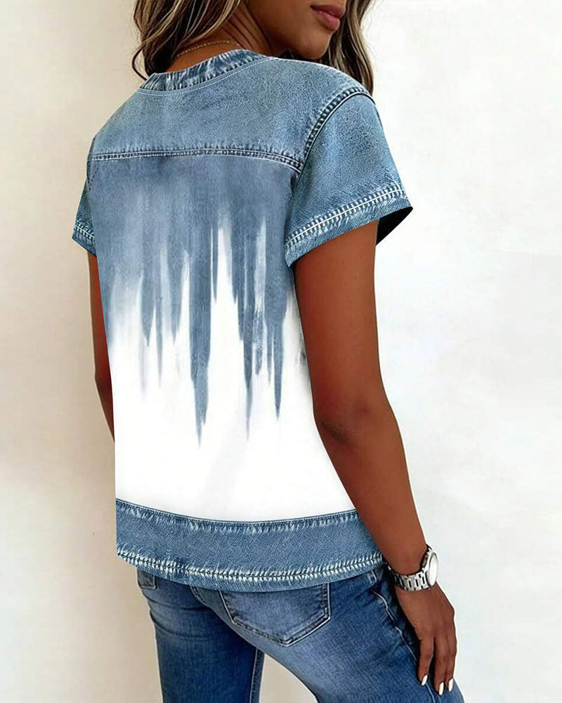 Denim Patchwork Tie-Dye Short Sleeve T-Shirt