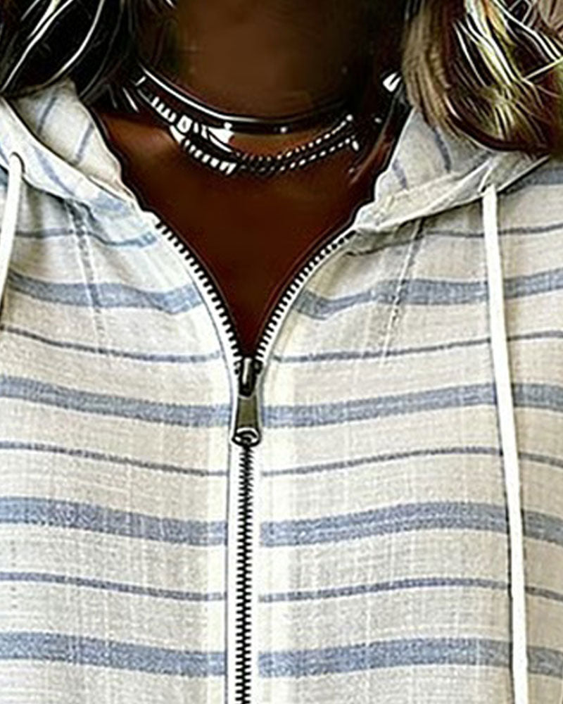 Striped Hooded Zip Short Sleeve Top