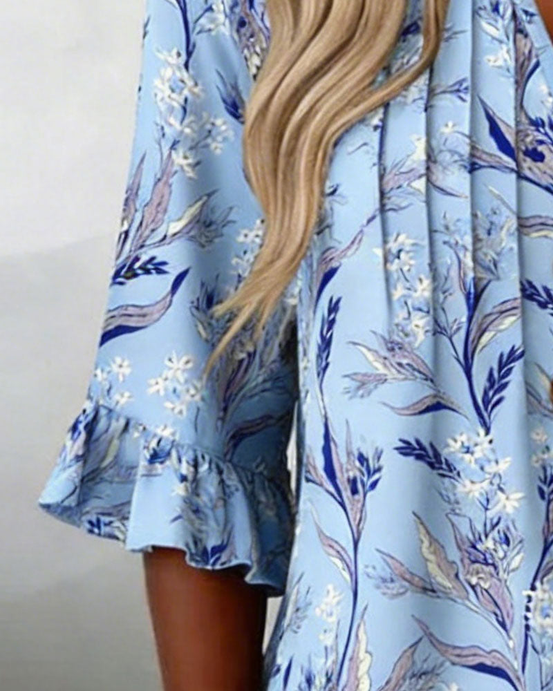Botanical Print Ruffle-Sleeve Blouse
