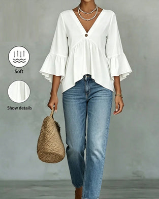V-Neck One-Button Flared Sleeve Wave Hem Blouse