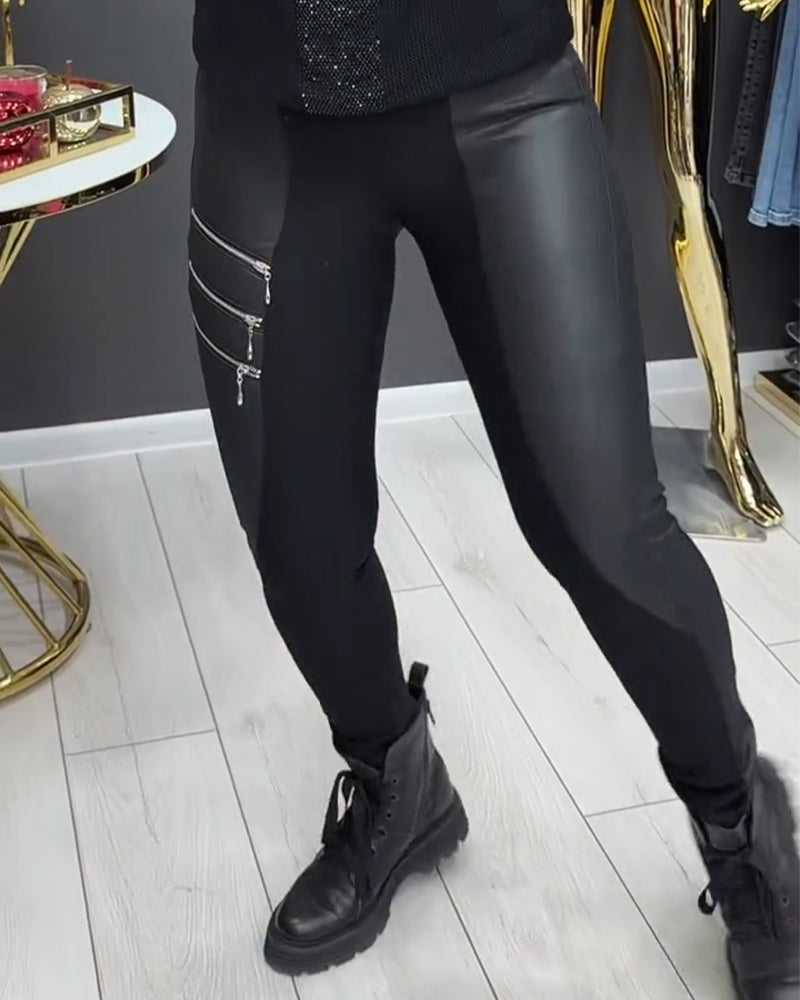 PU Patchwork Zipper Embellished Legging