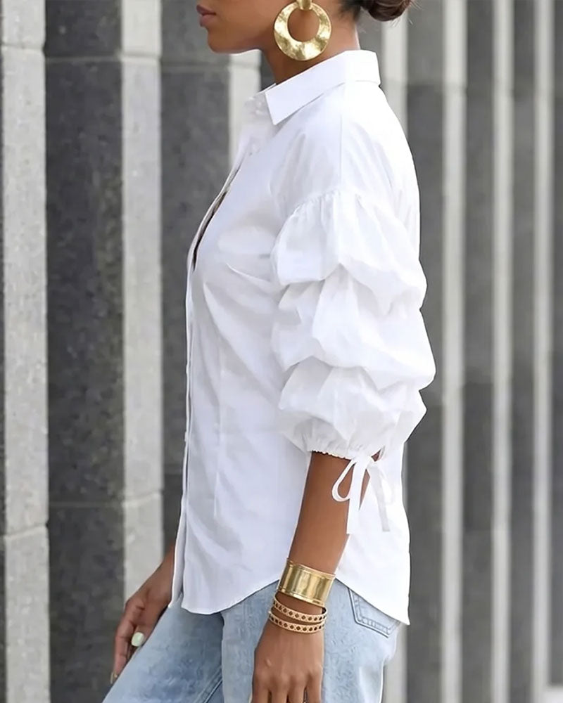 Tie Ruffled Puff Sleeve Shirt