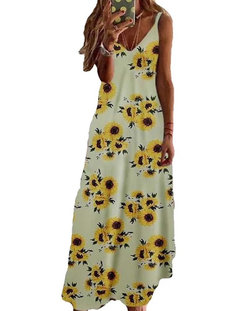 Long Print Spaghetti Strap Dress