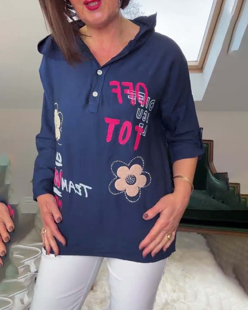 Casual floral lettering embroidered long-sleeve hooded top