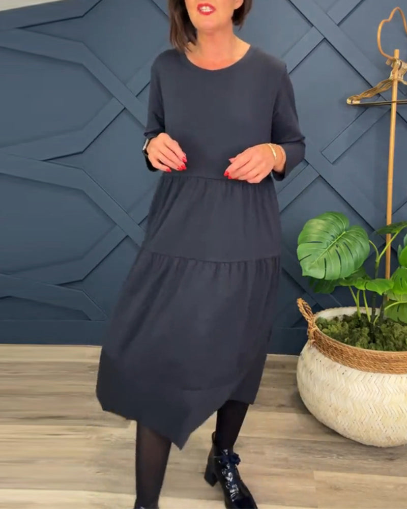 Casual solid color round neck patchwork dress