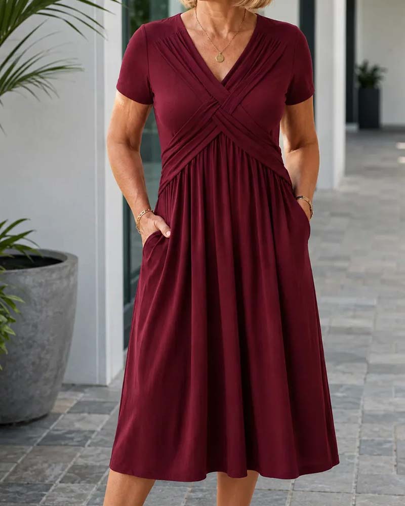 Cross V-Neck Fitted Waist Short Sleeve A-Line Dress