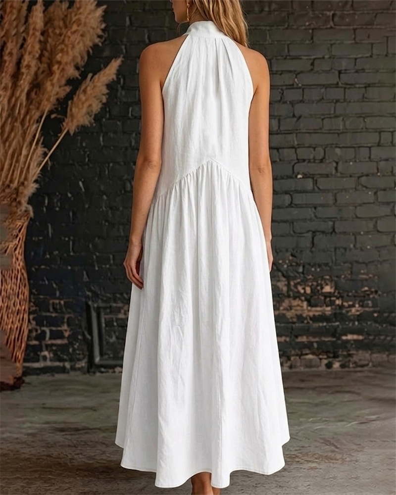 100% Cotton Sleeveless Stand-Collar Solid-Color Maxi Dress