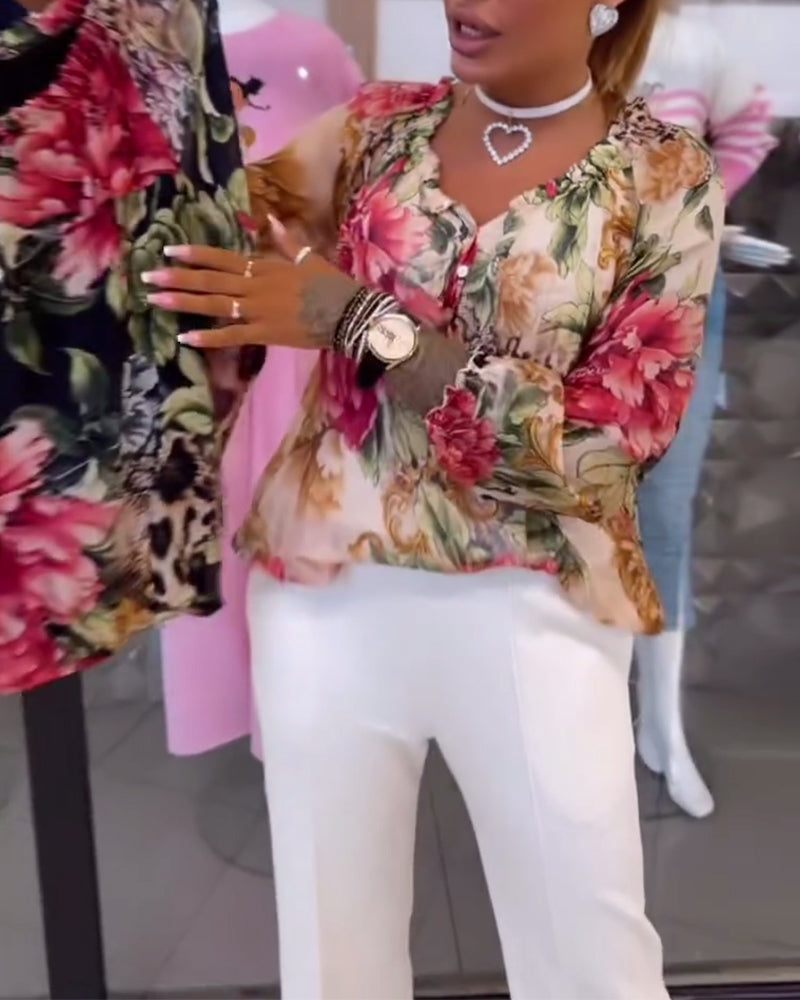 V-Neck Floral Print Blouse