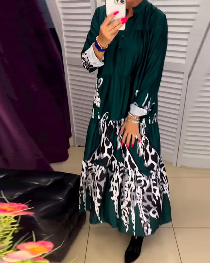 Printed button casual long dress
