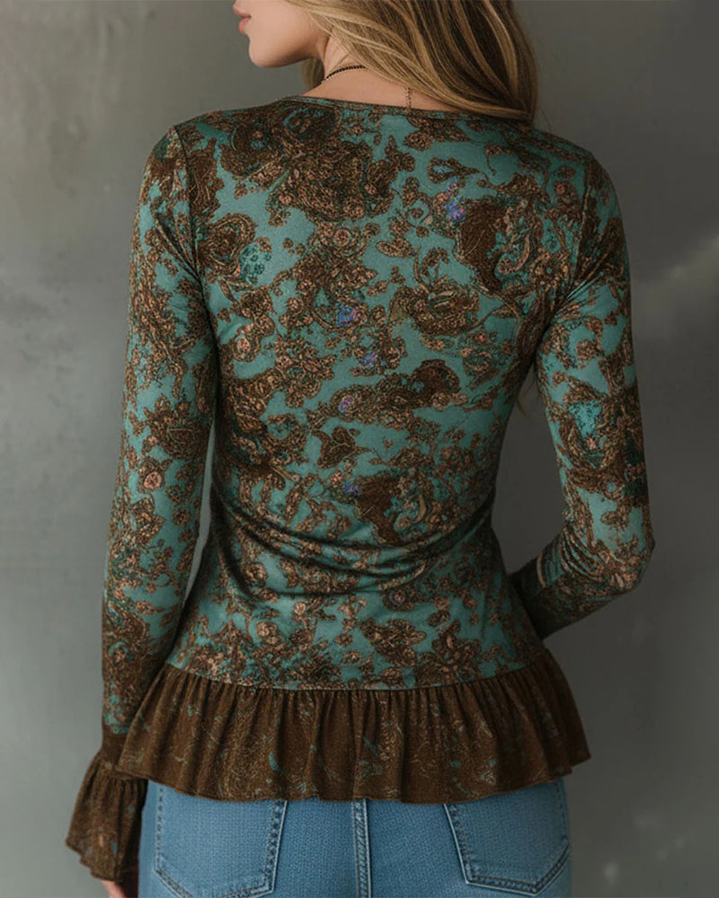 Gathered Ruffle V-Neck Long-Sleeve Blouse