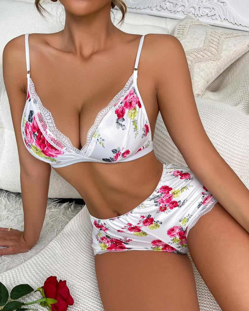 Women's Floral Print Matching Lingerie Wear Set