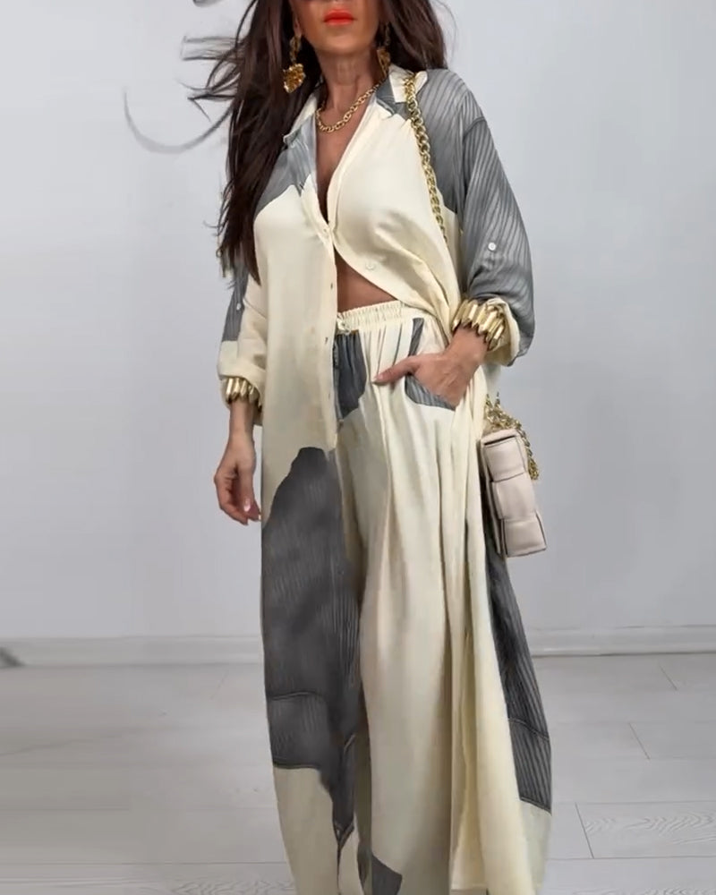 Lapel Button Colorblock Striped Straight Pants Suit