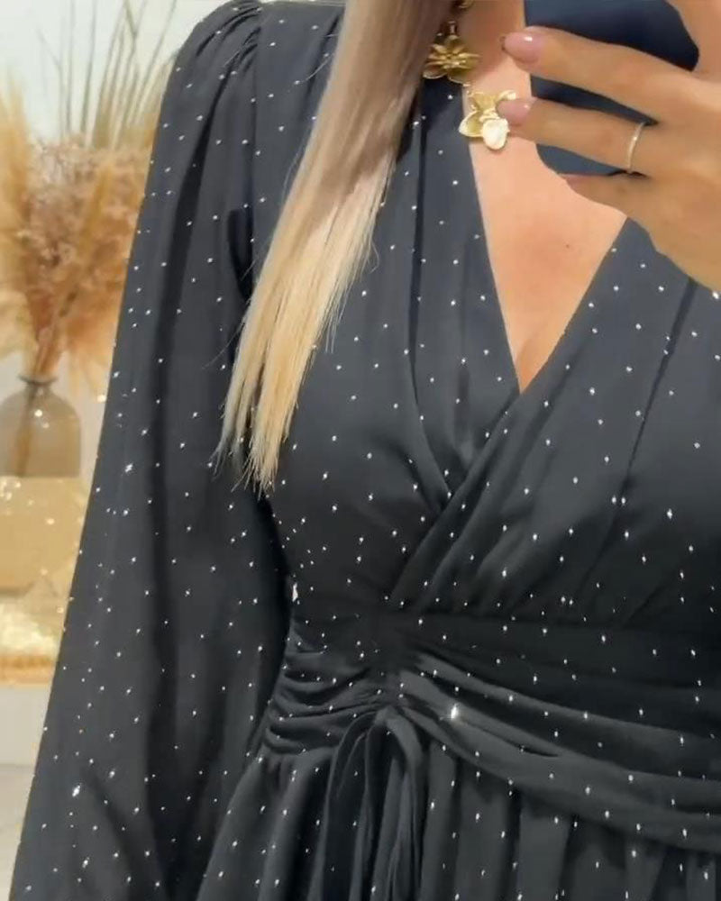 V-Neck Puff Sleeve Long-Sleeved Dress