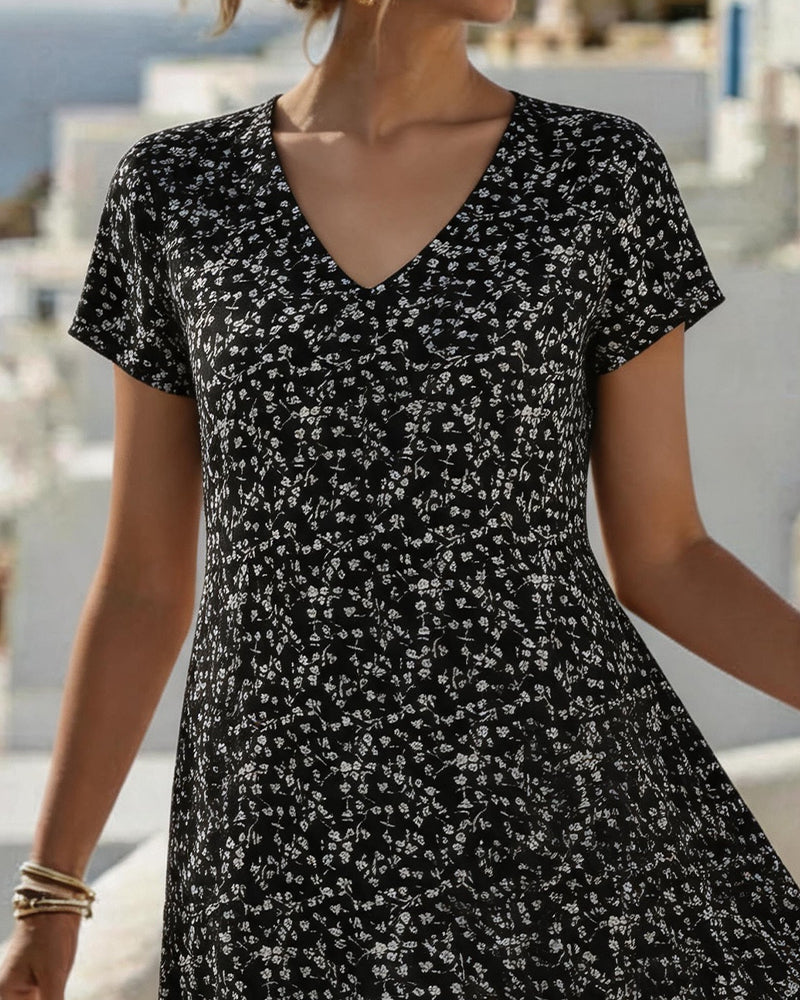 Floral V-Neck Full Skirt Dress