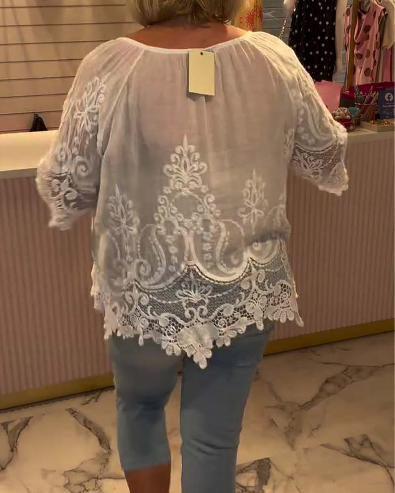 Lace-Up See-Through Lace Patchwork Blouse