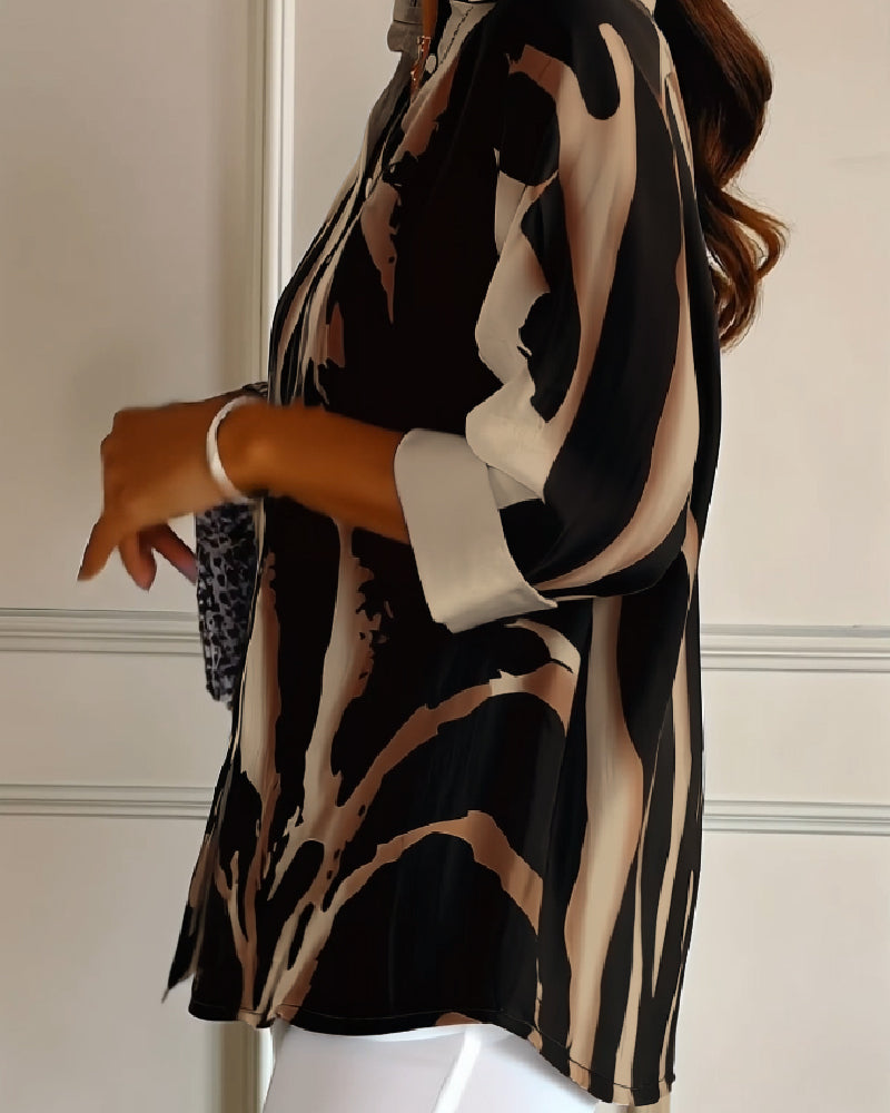 Stand Collar Irregular Printed Blouse