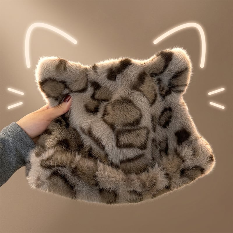Leopard Print Plush Cat Ear Hat