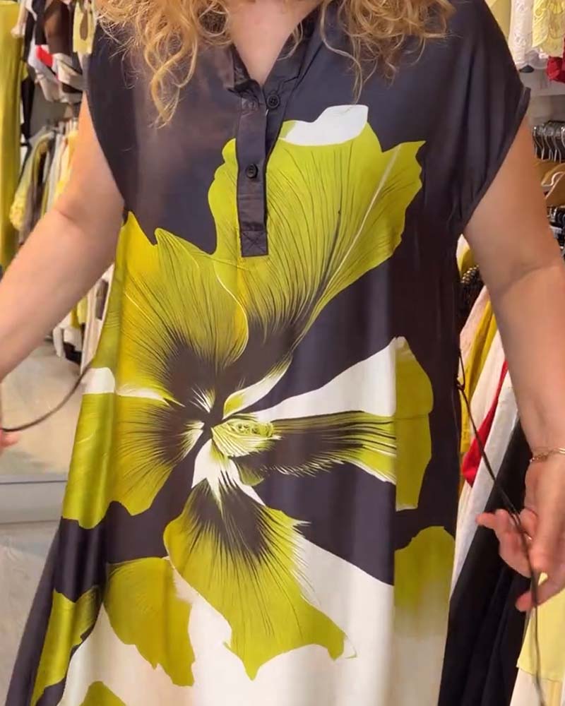 Lapel V-Neck Floral Loose Dress