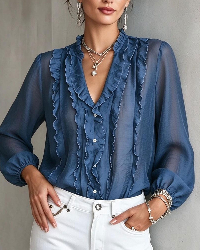 V-Neck Button Ruffle Blouse