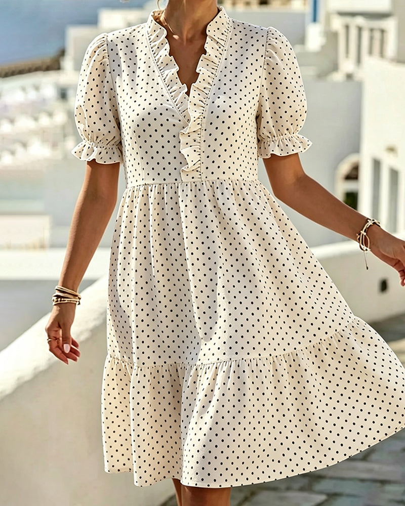 V-Neck Lace Trim Polka Dot Dress