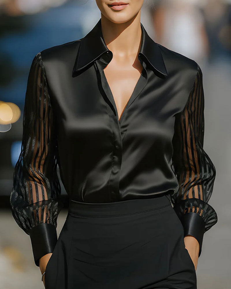 Solid Color Lapel Patchwork Long Sleeve Shirt