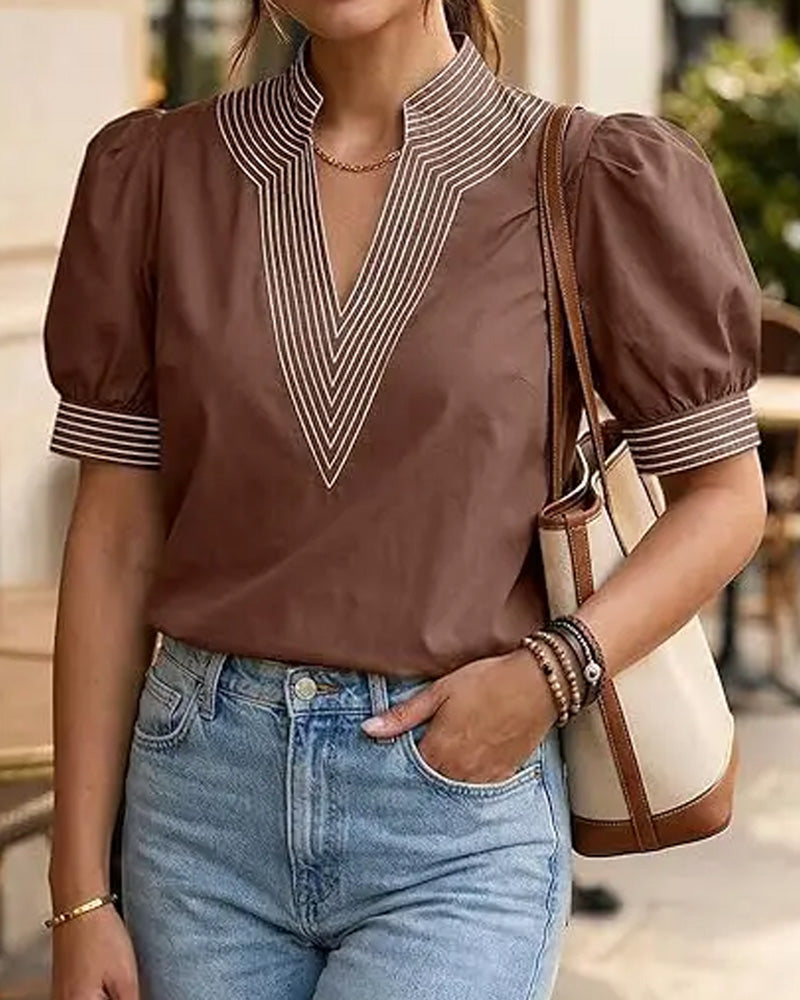 V-Neck Bubble Sleeve Striped Blouse