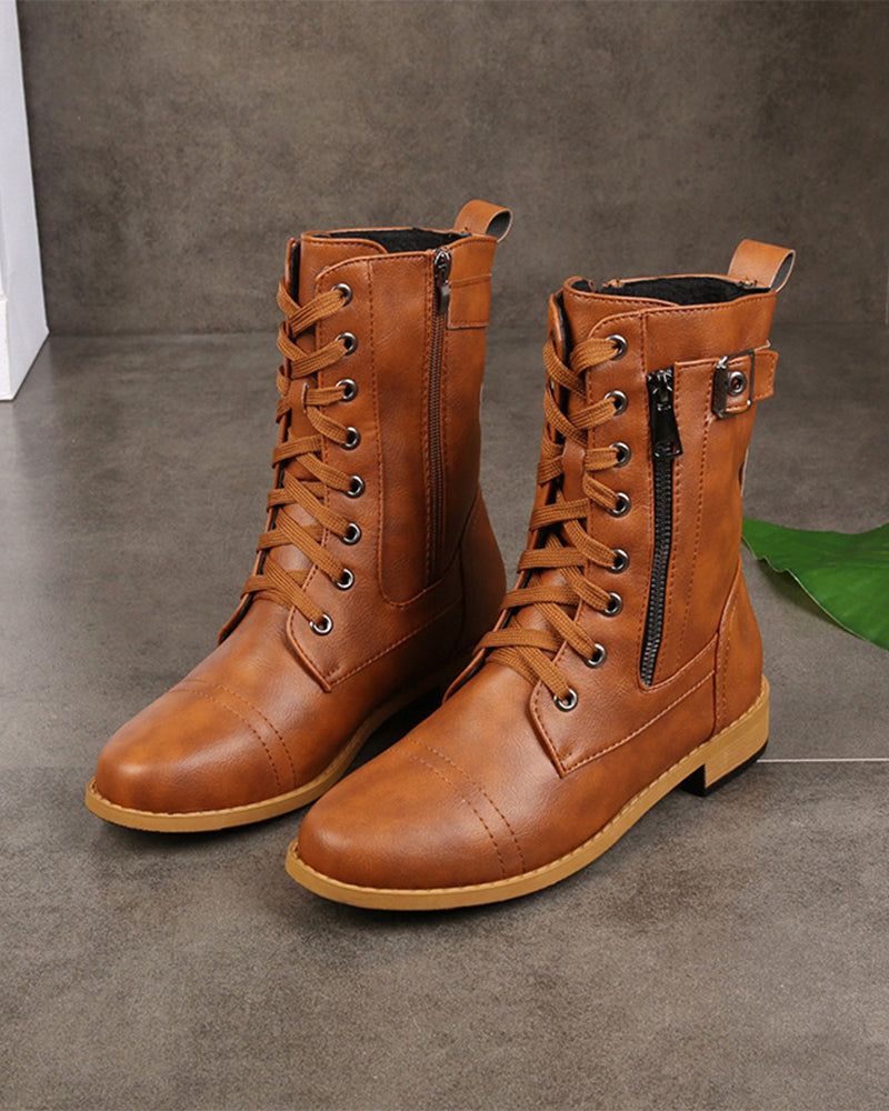 Women's Round Toe Side Zipper Leather Orthopedic Boots