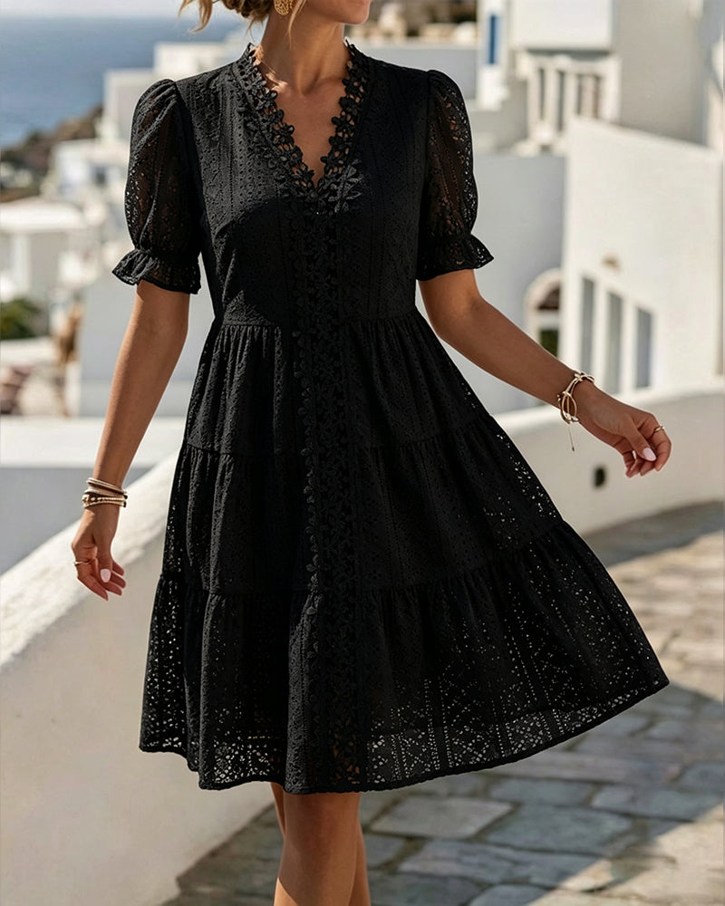 Puff Sleeve V-Neck Lace A-Line Dress