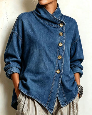 Diagonal Button Stand Collar Denim Coat