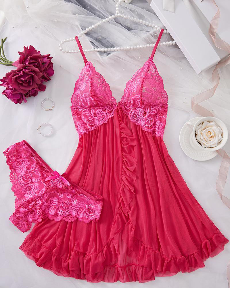 Ladies' Sexy Ruffle Trim Lace Cami Nightdress & Bow Decor Panty Set