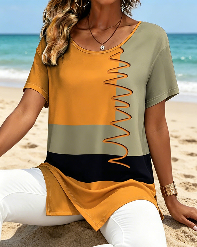 Color-Block Irregular Short Sleeve T-Shirt