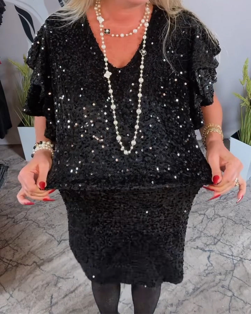 V-Neck Ruffle Sleeve Velvet Sequin Dress