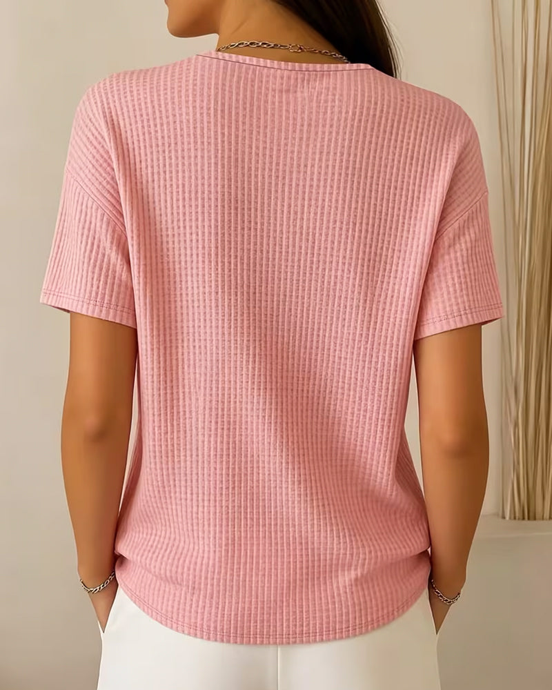 V Neck Solid Color Versatile Short Sleeve T Shirt