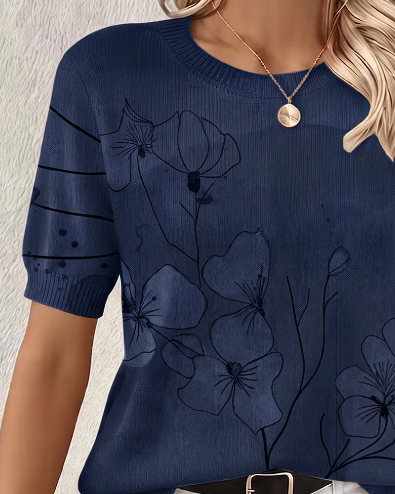 Printed Short-Sleeve Knitted Pullover