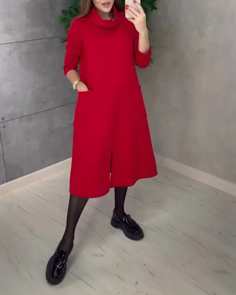Solid color turtleneck pocket dress