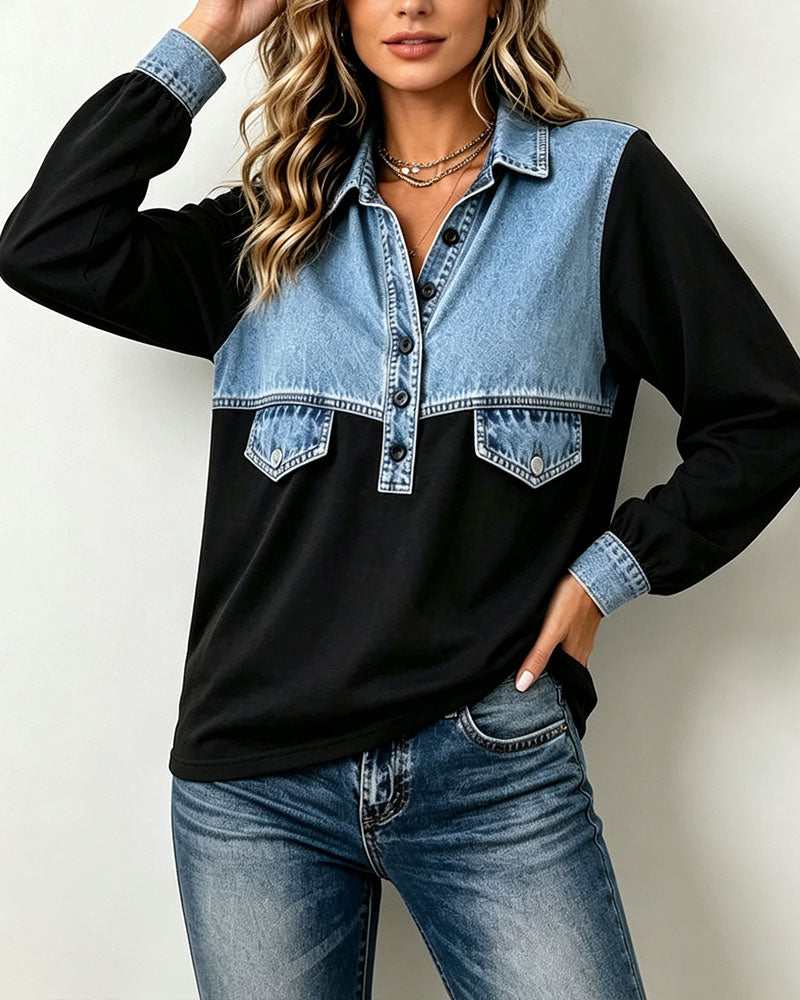 Shirt Collar Pocket Patchwork Sweatshirt