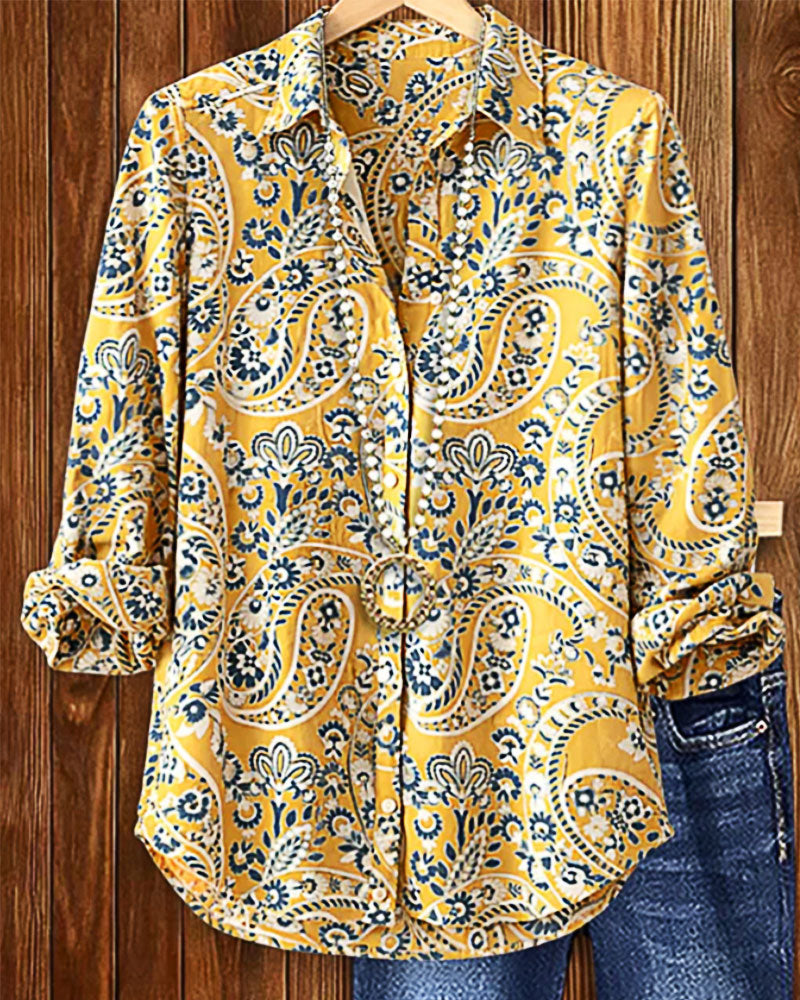 Lapel Paisley Long Sleeve Shirt
