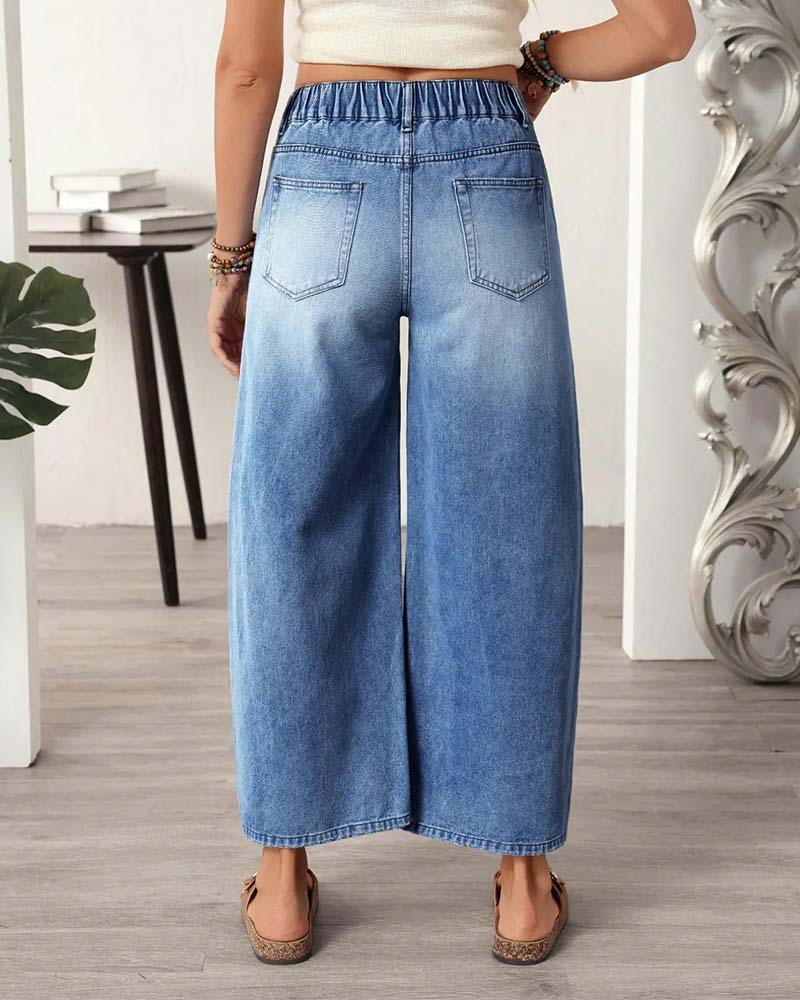 Denim Elastic Waist Wide-Leg Cropped Jeans