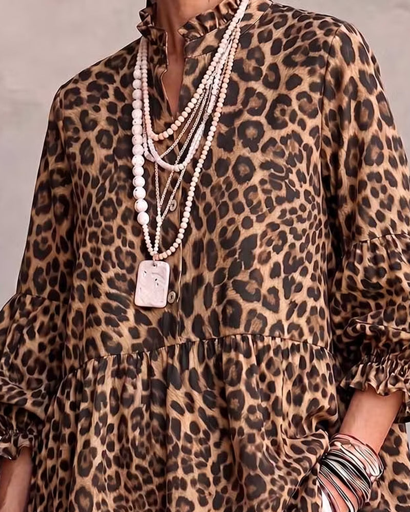 Leopard Print Frill Trim Button Top