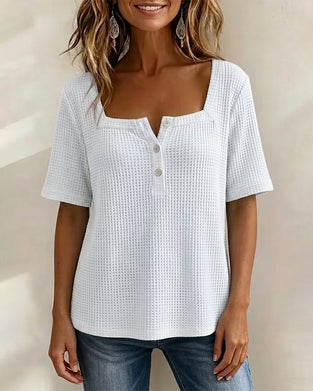 Square Neck Button Waffle T-Shirt