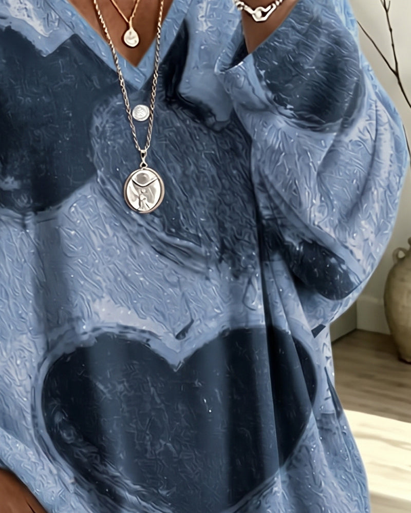 Heart Print V-Neck Loose Top