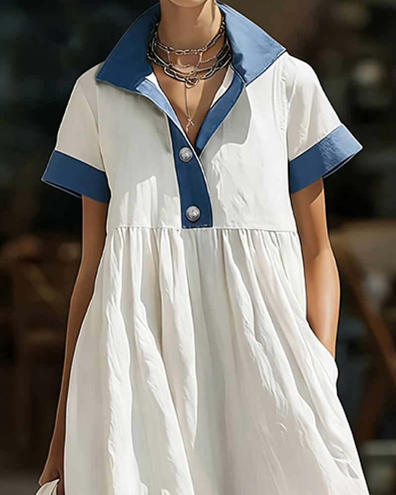 Shirt Collar Color Block Full Skirt Dress