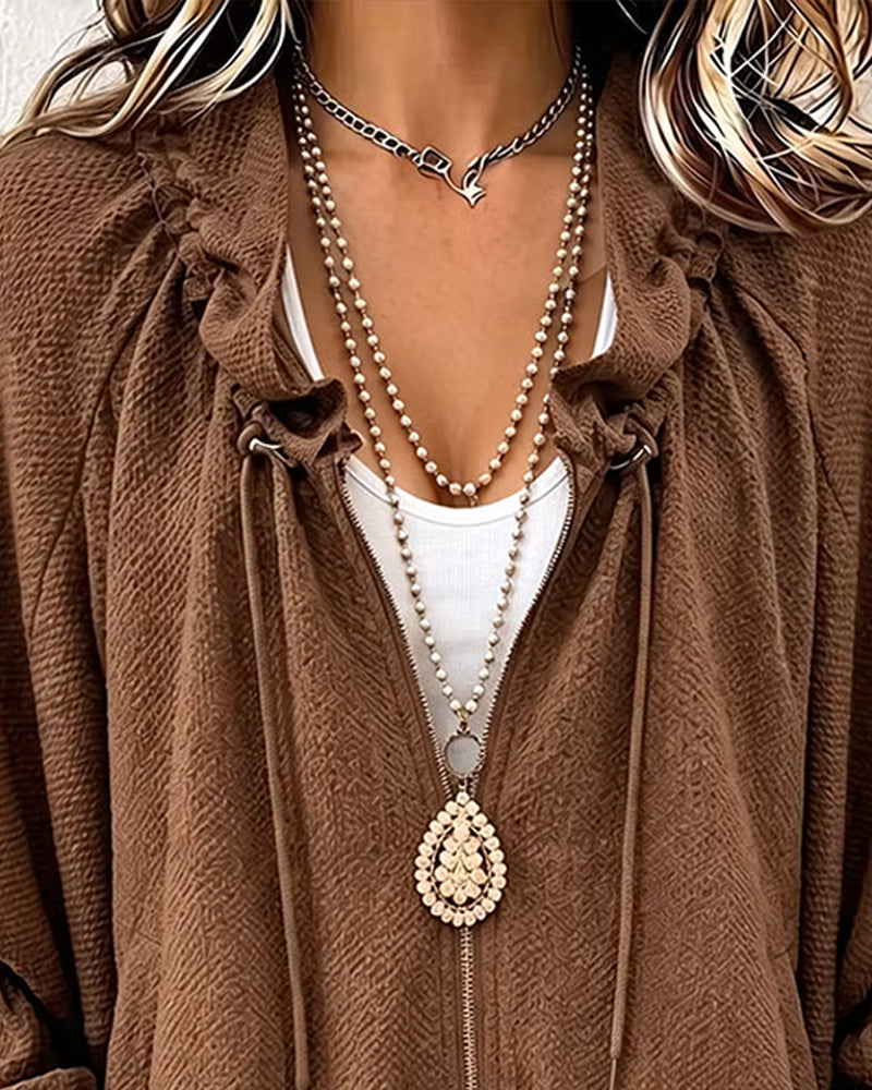 Textured Loose Zippered Pleated Coat