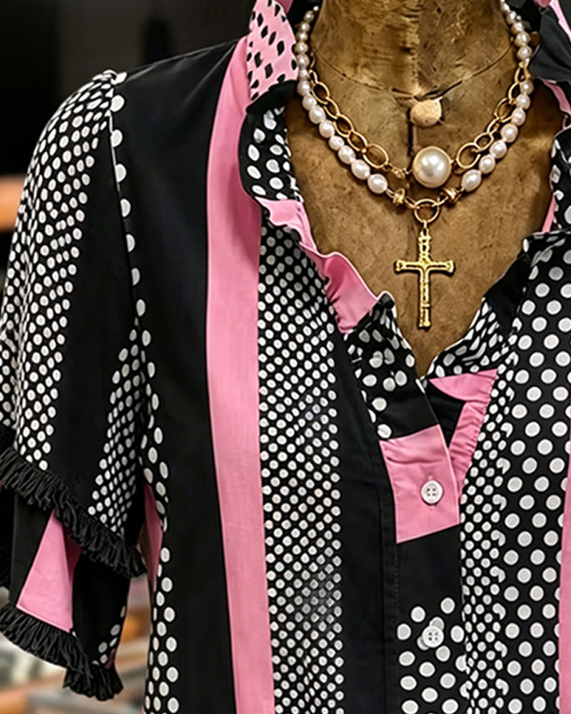 Polka Dot Contrast Patchwork Ruffle Shirt