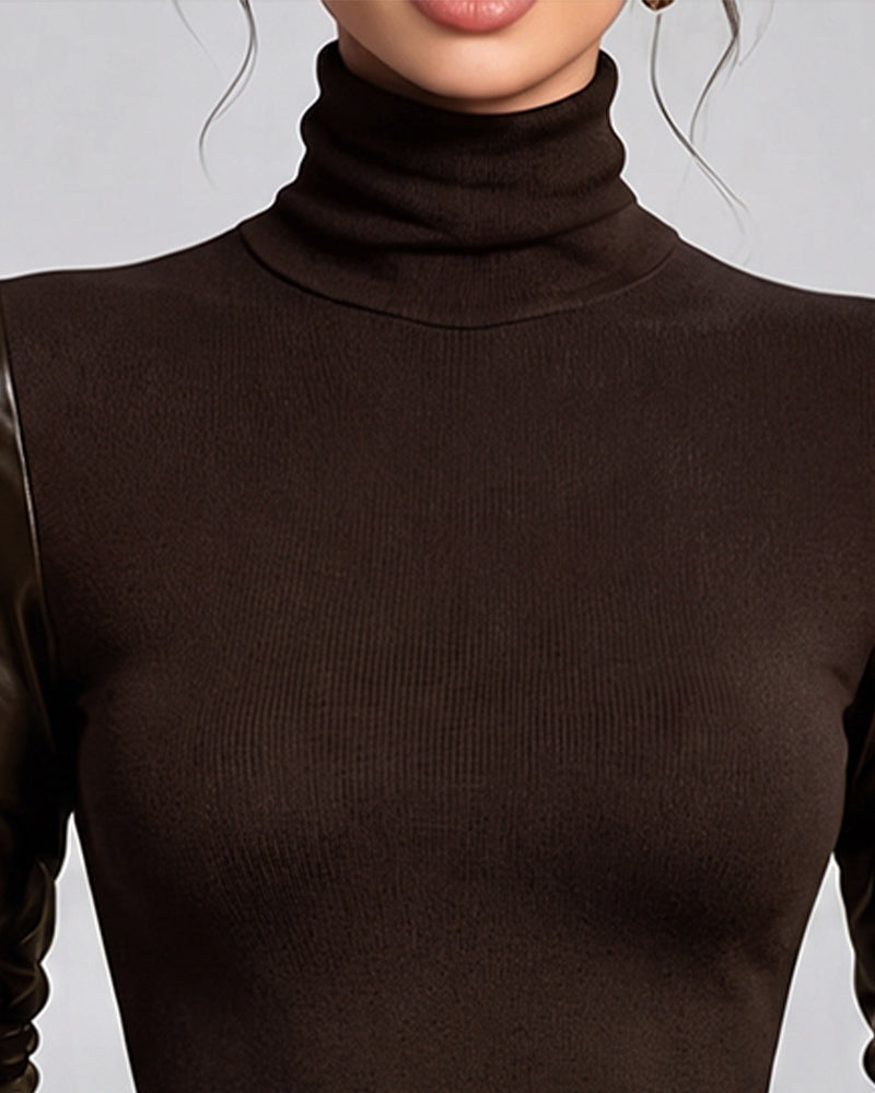 Turtleneck Patchwork Solid Top