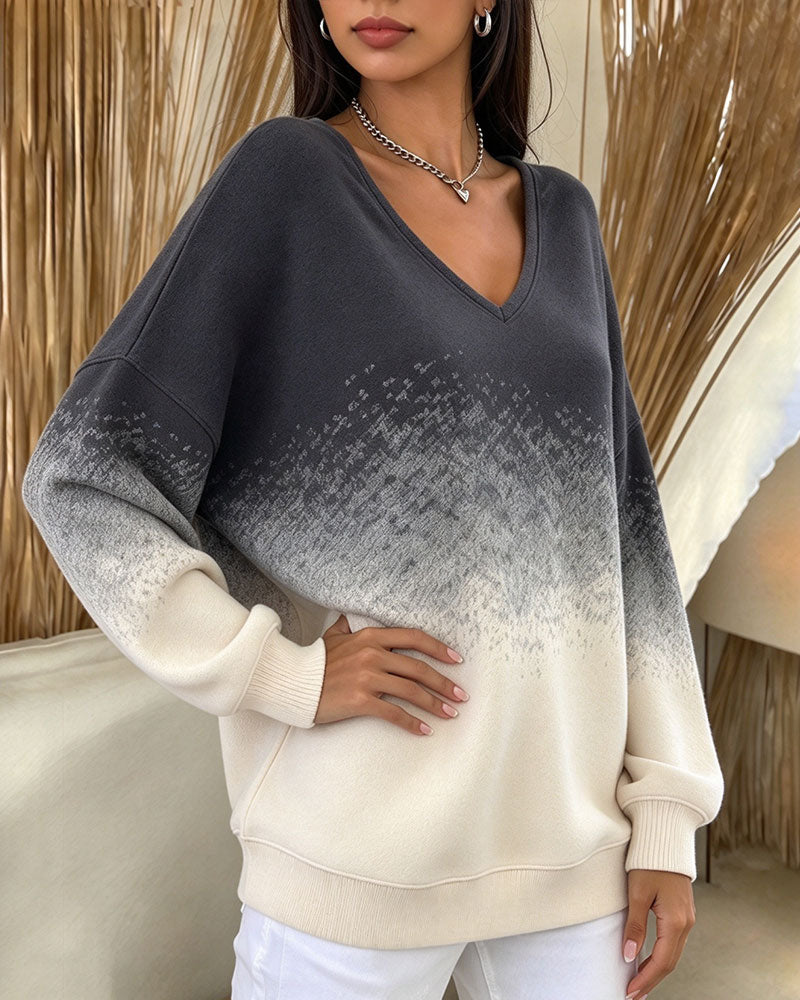 V-Neck Gradient Contrasting Loose Sweatshirt