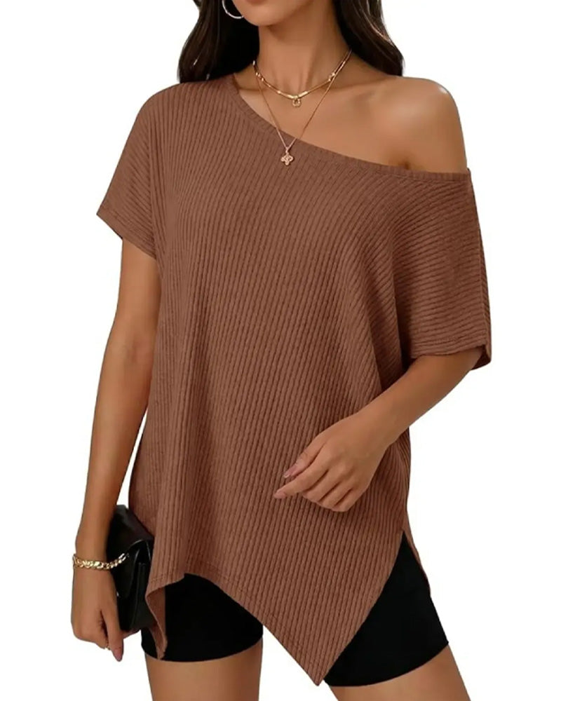 Irregular Off-Shoulder Short Sleeve Ribbed T-Shirt