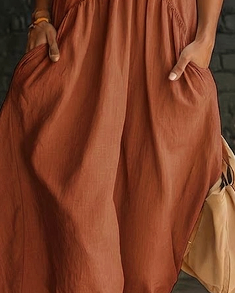 100% Cotton Sleeveless Stand-Collar Solid-Color Maxi Dress