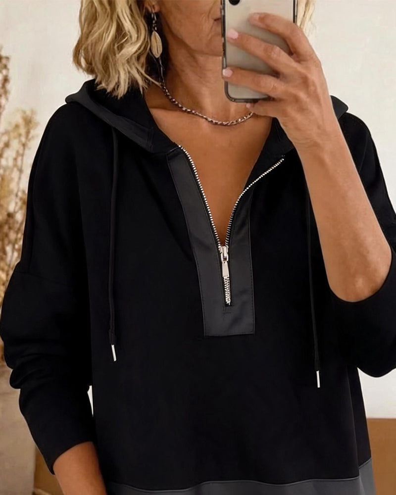 Zippered Hooded Contrast Drawstring Hoodie